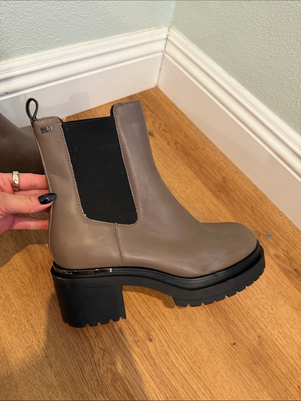 DKNY Taupe Chelsea Lug Boot with Black Elastic